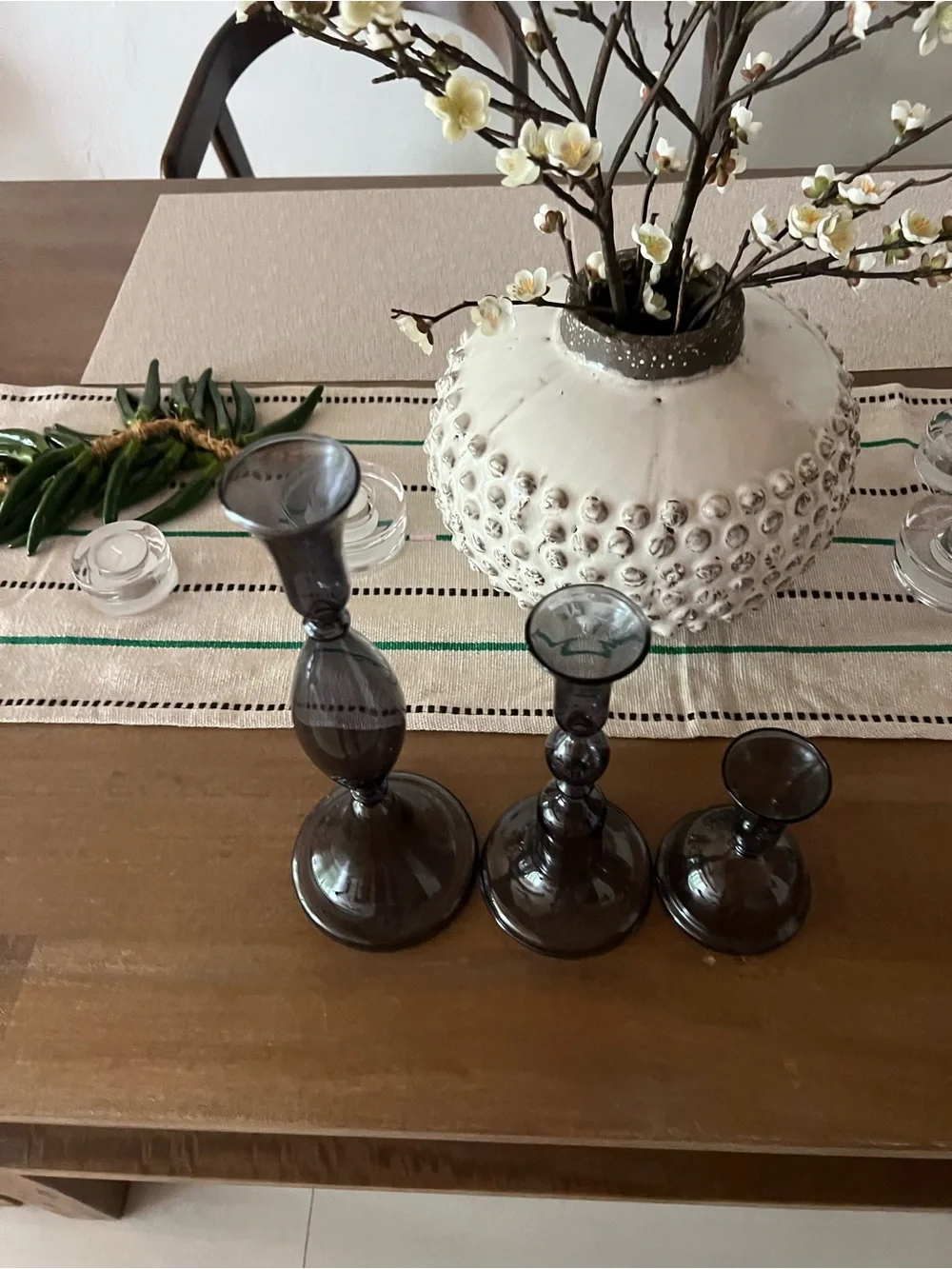 CRATE & BARREL. Smoked Blue Glass Taper Candle Holders - Set of 3